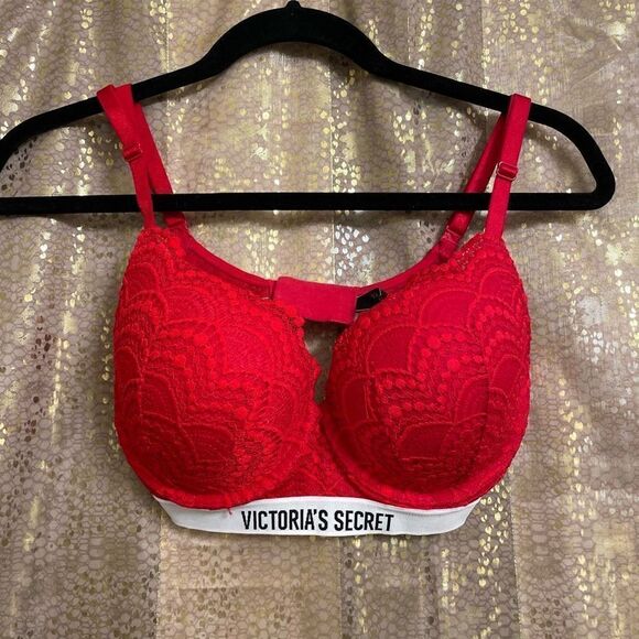 Victorias Secret Bright Red Lace T Shirt Push Up Bra Full Coverage Bra 32DD - Picture 1 of 6